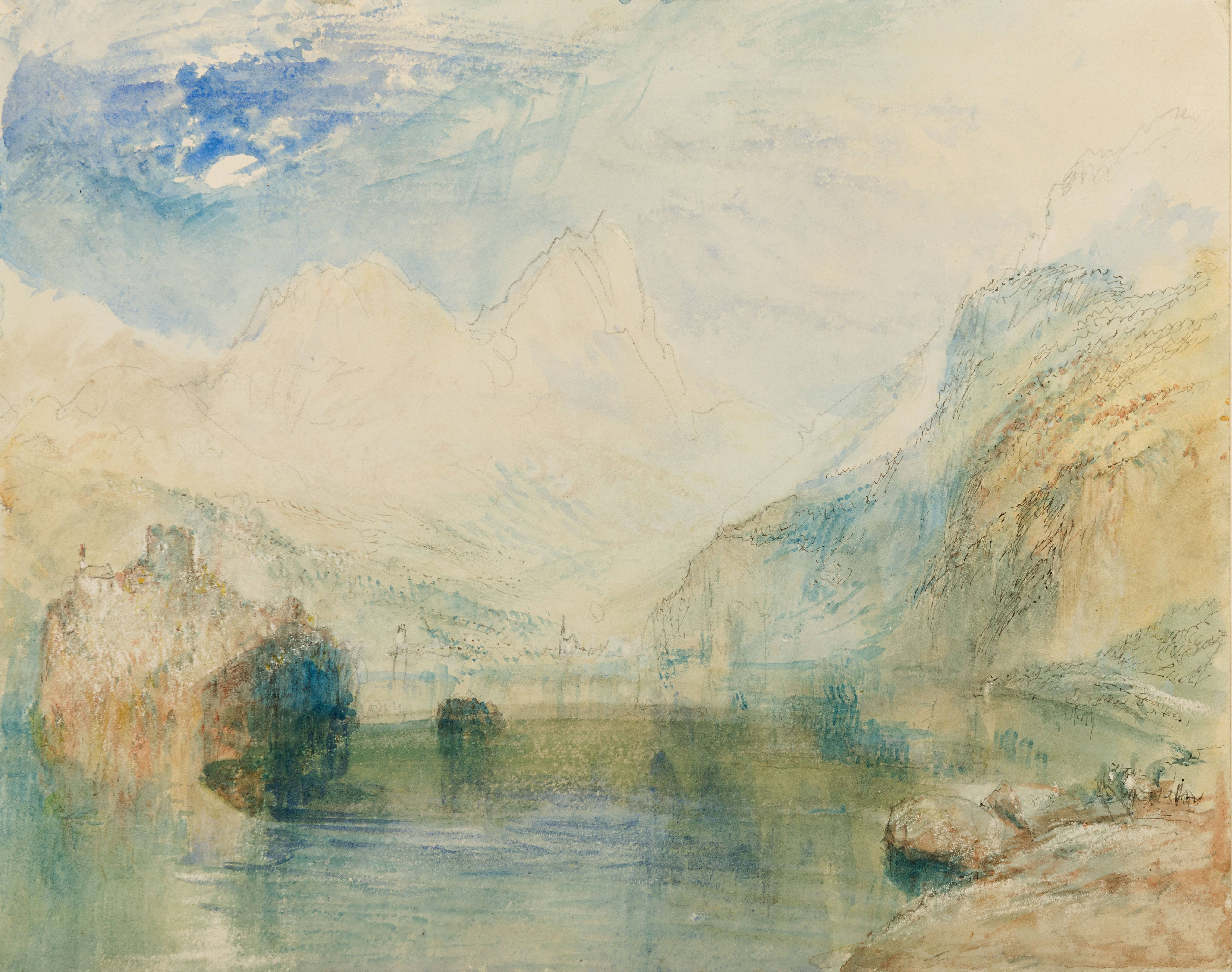 The Lauerzersee with the Ruins of Schwanau and the Mythens, Switzerland